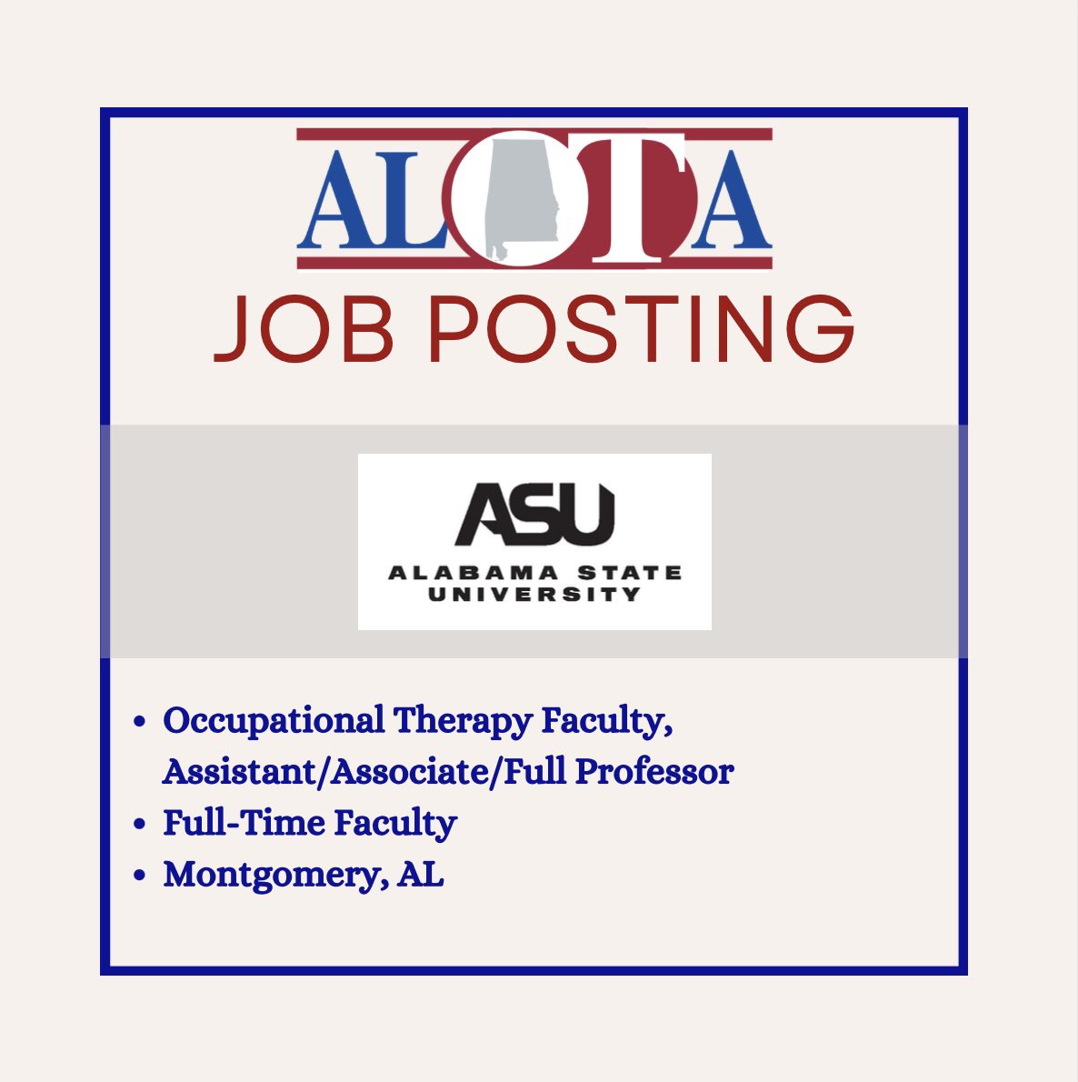 ALOTA_alabama's tweet photo. 📣📚JOB OPPORTUNITY📚📣
Alabama State University is accepting applications for a new position. 
Alabama State University is located in Montgomery, Alabama.
Please visit our website: https://t.co/2U3sUVAHzN
for more information. https://t.co/K35dBD6B1V
