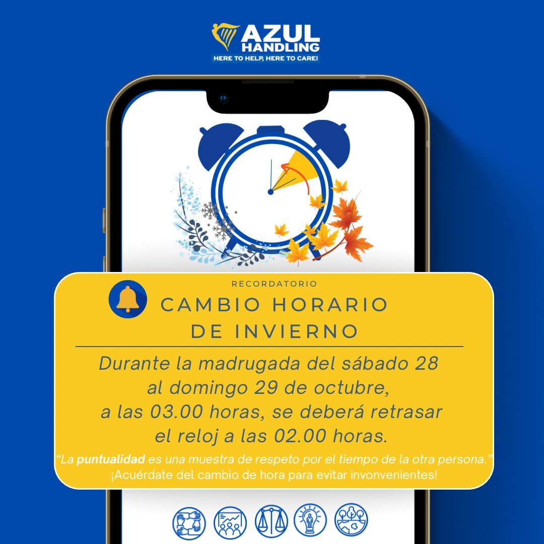 Atención #EquipAzul, este fin de semana tenemos #cambiodehora. 

#theazulway #heretohelpheretocare #fivepillars #OneVision #OneMission #people <a href="/ryanair/">Ryanair</a>