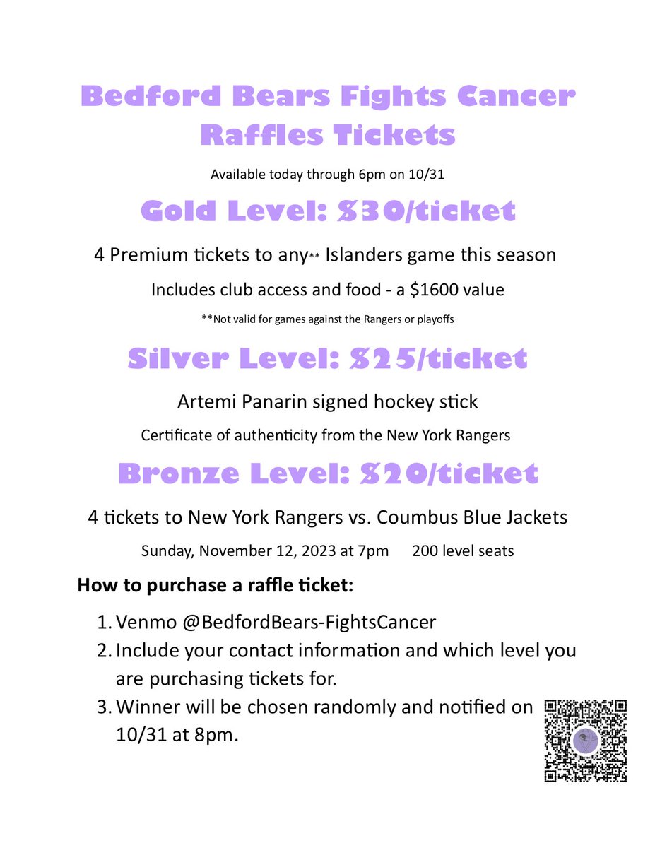 #hockeyfightscancer and Bedford Bears Hockey Association raffle for great prizes driving awareness and money towards cancer research.  Ends Oct 31 at 6p
