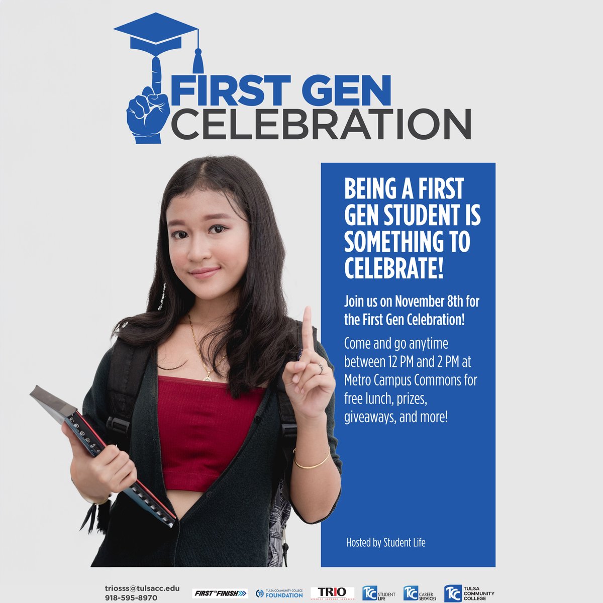 careersTCC's tweet image. 🎉 Calling all First-Gen Students! 🌟 It's a day packed with FREE lunch, awesome prizes, giveaways, and so much more, all thanks to the amazing Student Life team. 🥪🎁

📆 November 8th
📍 Metro Campus Commons

. See you there! 🙌✨#TulsaCC  #FirstGenCelebration #CollegeSuccess