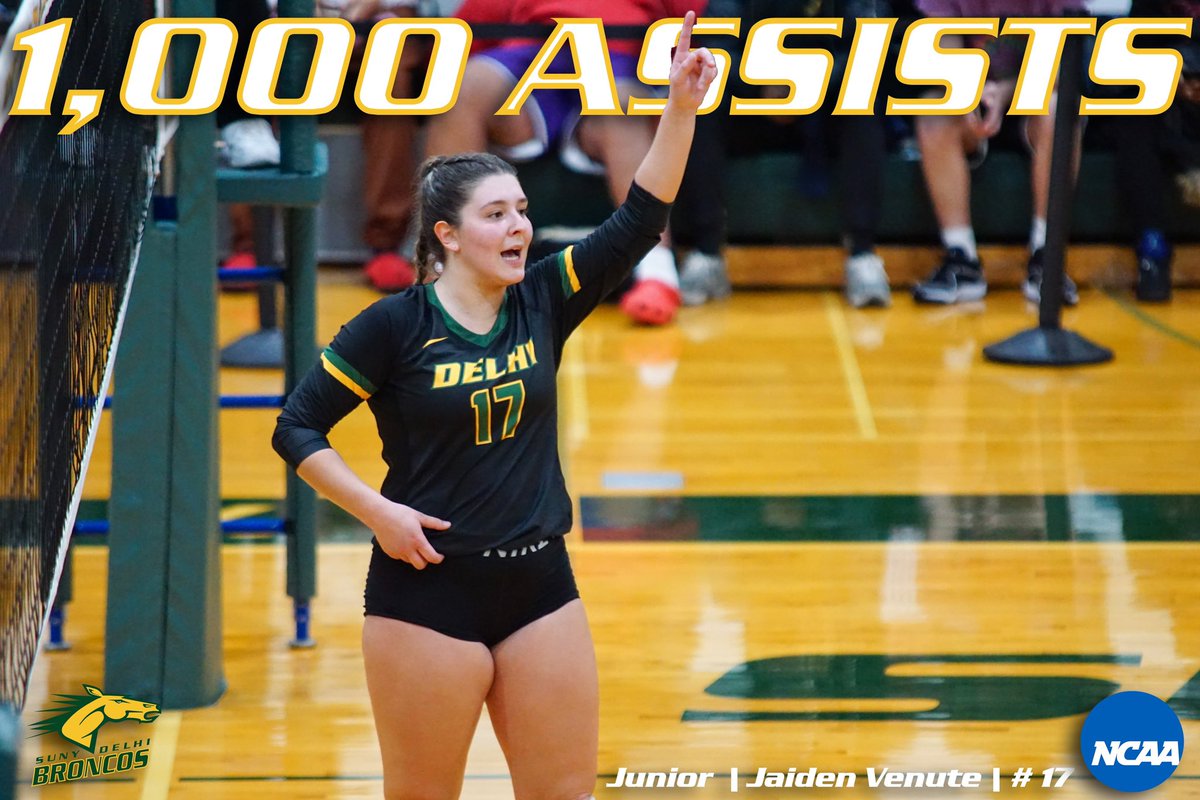 DelhiBroncos's tweet photo. Shout out @SUNYDelhiVB Jaiden Venute for becoming the sixth Delhi player ever to reach the 1,000 career assists milestone earlier this week! #wedigdelhi #delhidrive https://t.co/0pCJLDgxSV