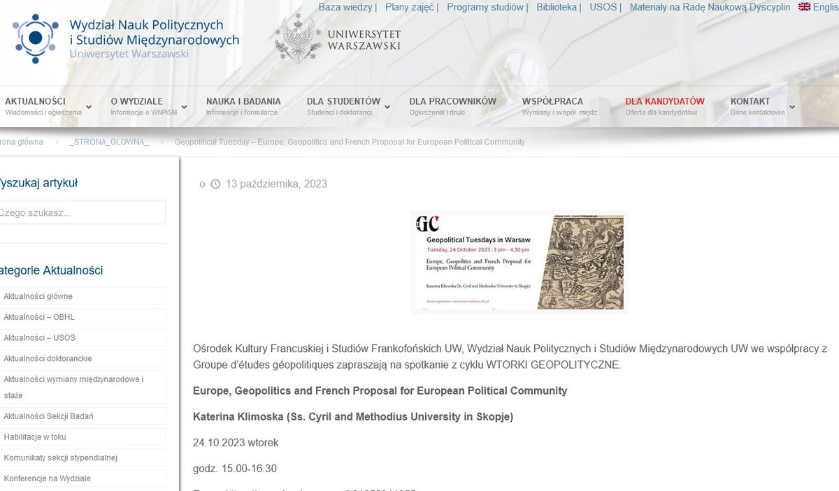 KK_Klimoska's tweet photo. On 24th of October, on invitation by the University of Warsaw, I presented my arguments for the geopolitical necessity of the French Proposal for #EuropeanPoliticalCommunity
Productive debate with more than 60 participants. https://t.co/SfB4nXgrdx