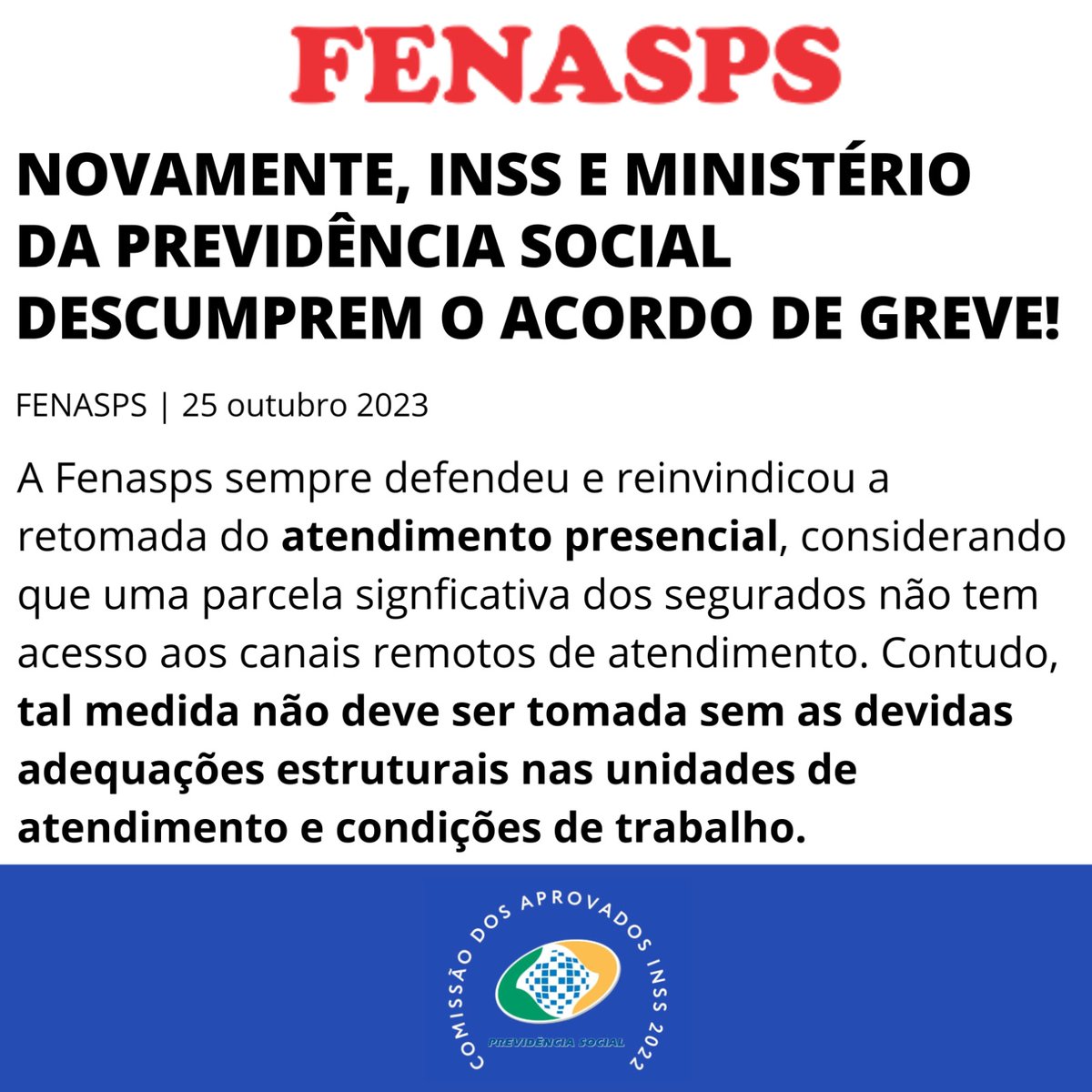 AprovadosINSS22's tweet photo. FENASPS - 25/10/2023 – A Fenasps sempre defendeu a retomada do atendimento presencial, contudo, tal medida não deve ser tomada sem as devidas adequações estruturais nas unidades de atendimento e condições de trabalho.

Muitas APS estão hoje beirando o colapso. Existem prédios com infiltrações, riscos de desbamento, falta de imobiliário, falta de água para consumo, ar condicionado quebrado, equipamentos de informática inoperantes ou obsoletos. Além de problemas constantes de sistemas e quedas do link de internet.

Muitas unidades o quadro de servidores em atendimento é insuficiente para a demanda. Sem contar ainda que, estes servidores, além do desgaste do trabalho no atendimento, precisam complementar o restante da jornada de trabalho com outas atividades.

Isso porque outra medida descabida do ano de 2021 acabou com a possibilidade da jornada de trabalho de 6 horas nas APS, com turnos ininterruptos. Tal medida, portanto, sem a realização de concurso e novas contratações agravará a sobrecarga de trabalho e as condições precárias de trabalho dos servidores nas agências.

Diante desse quadro, fica ainda mais evidente a necessidade de convocação dos quase 2 mil aprovados excedentes do concurso INSS 2022. Além das questões estruturais, a falta de servidor está hoje sendo um gargalo crítico para não alcançar o atendimento humanizado.

@lulaoficial @CarlosLupiPDT @FrentePrev @FrentePrev @edweck_rj @simonetebetbr
@JanjaLula

Disponível em: 
https://t.co/u7K2cwbIHG