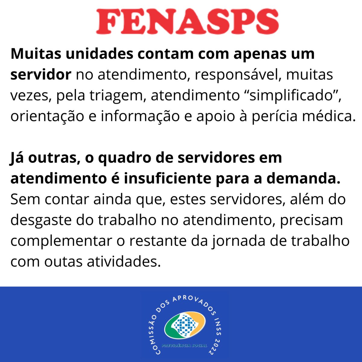 AprovadosINSS22's tweet photo. FENASPS - 25/10/2023 – A Fenasps sempre defendeu a retomada do atendimento presencial, contudo, tal medida não deve ser tomada sem as devidas adequações estruturais nas unidades de atendimento e condições de trabalho.

Muitas APS estão hoje beirando o colapso. Existem prédios com infiltrações, riscos de desbamento, falta de imobiliário, falta de água para consumo, ar condicionado quebrado, equipamentos de informática inoperantes ou obsoletos. Além de problemas constantes de sistemas e quedas do link de internet.

Muitas unidades o quadro de servidores em atendimento é insuficiente para a demanda. Sem contar ainda que, estes servidores, além do desgaste do trabalho no atendimento, precisam complementar o restante da jornada de trabalho com outas atividades.

Isso porque outra medida descabida do ano de 2021 acabou com a possibilidade da jornada de trabalho de 6 horas nas APS, com turnos ininterruptos. Tal medida, portanto, sem a realização de concurso e novas contratações agravará a sobrecarga de trabalho e as condições precárias de trabalho dos servidores nas agências.

Diante desse quadro, fica ainda mais evidente a necessidade de convocação dos quase 2 mil aprovados excedentes do concurso INSS 2022. Além das questões estruturais, a falta de servidor está hoje sendo um gargalo crítico para não alcançar o atendimento humanizado.

@lulaoficial @CarlosLupiPDT @FrentePrev @FrentePrev @edweck_rj @simonetebetbr
@JanjaLula

Disponível em: 
https://t.co/u7K2cwbIHG