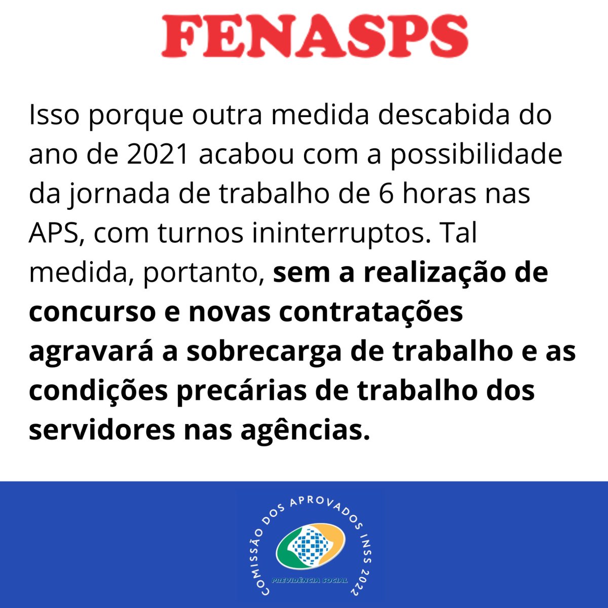 AprovadosINSS22's tweet photo. FENASPS - 25/10/2023 – A Fenasps sempre defendeu a retomada do atendimento presencial, contudo, tal medida não deve ser tomada sem as devidas adequações estruturais nas unidades de atendimento e condições de trabalho.

Muitas APS estão hoje beirando o colapso. Existem prédios com infiltrações, riscos de desbamento, falta de imobiliário, falta de água para consumo, ar condicionado quebrado, equipamentos de informática inoperantes ou obsoletos. Além de problemas constantes de sistemas e quedas do link de internet.

Muitas unidades o quadro de servidores em atendimento é insuficiente para a demanda. Sem contar ainda que, estes servidores, além do desgaste do trabalho no atendimento, precisam complementar o restante da jornada de trabalho com outas atividades.

Isso porque outra medida descabida do ano de 2021 acabou com a possibilidade da jornada de trabalho de 6 horas nas APS, com turnos ininterruptos. Tal medida, portanto, sem a realização de concurso e novas contratações agravará a sobrecarga de trabalho e as condições precárias de trabalho dos servidores nas agências.

Diante desse quadro, fica ainda mais evidente a necessidade de convocação dos quase 2 mil aprovados excedentes do concurso INSS 2022. Além das questões estruturais, a falta de servidor está hoje sendo um gargalo crítico para não alcançar o atendimento humanizado.

@lulaoficial @CarlosLupiPDT @FrentePrev @FrentePrev @edweck_rj @simonetebetbr
@JanjaLula

Disponível em: 
https://t.co/u7K2cwbIHG
