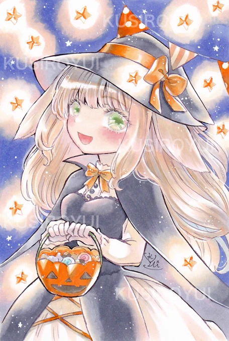 魔女っ子うさぎ娘マロンちゃんのハロウィンイラストも出来ました今年はハロウィン物描けて良かった#ハロウィンイラスト #ハロウィン2023#イラスト #アナログ 