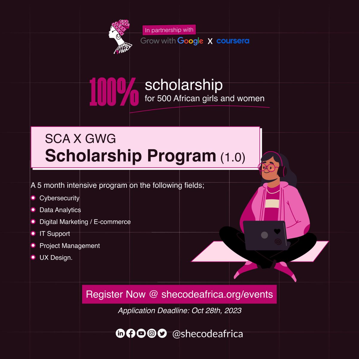 SheCodeAfrica's tweet image. Hey Queens, here’s a Final Reminder!! ⏰⏰

The She Code Africa x @GwGAfrica 
scholarship application closes tomorrow, so don&apos;t miss out! 😉

This is your chance to get a 100% scholarship to a 20-week program in Cybersecurity, Data Analytics, Digital Marketing &amp;amp; E-commerce, IT…