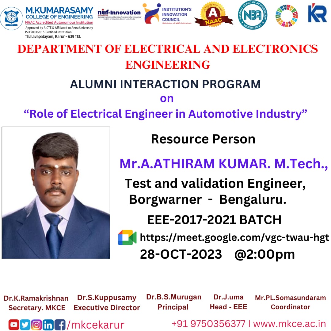 mkcekarur's tweet image. Alumni Interaction Program by the department of Electrical &amp;amp; Electronics Engineering
#alumniinteraction #borgwarner #alumni #eee #mkce