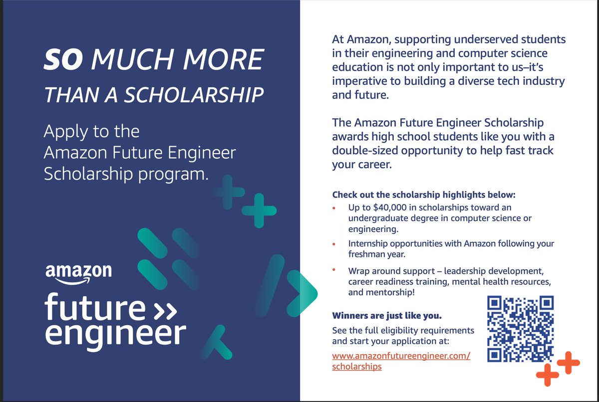 Amazon Future Engineer is awarding scholarships of up to $40,000 (up to $10,000/year) towards an undergraduate degree in engineering or computer science and an offer to complete a summer internship at Amazon! Applications are now OPEN and will close on December 15 at 4 pm EST.