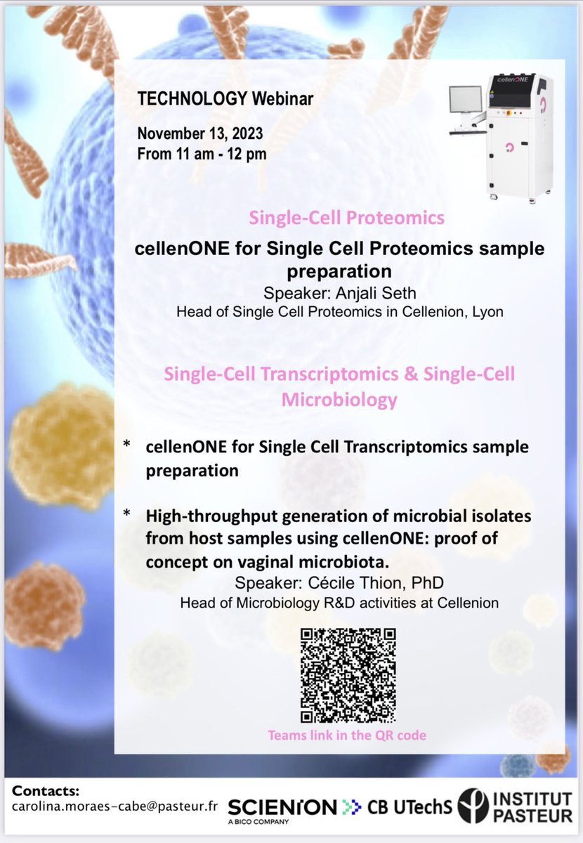 The @CbUtechs host the @Cellenion webinar.
Great opportunity to discuss about #singlecellproteomics, #singlecelltranscriptomics and #singlecellmicrobiology !!!
Please use the QR code to access the webinar, and fell free to contact me for any additional information.