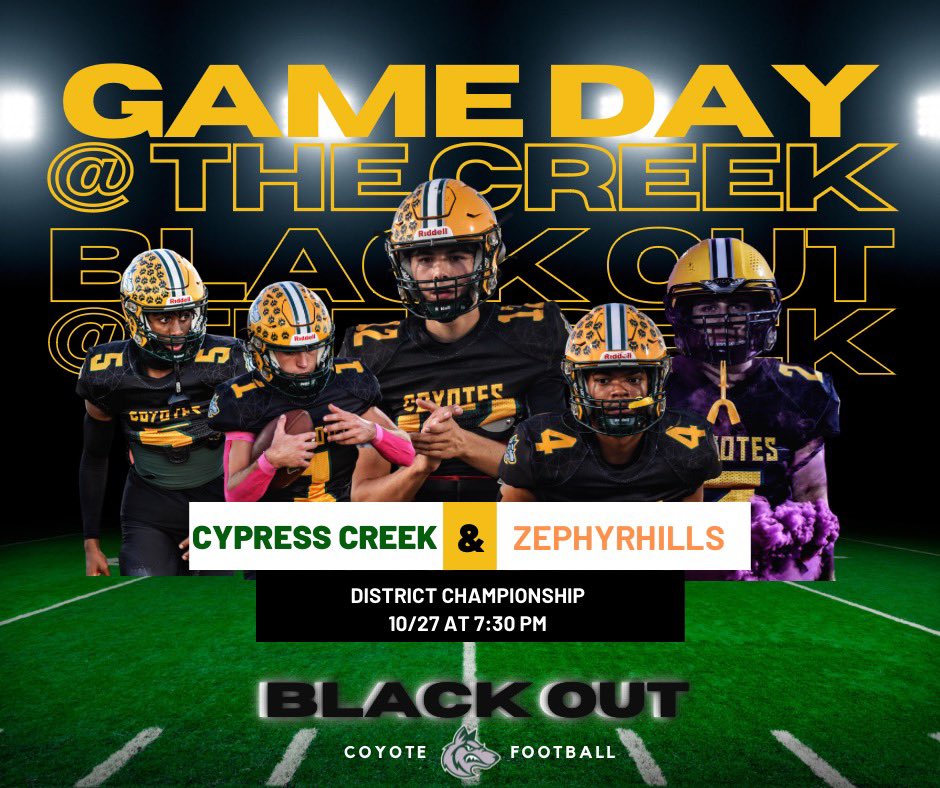 Coyote Football (@stayhowlin) on Twitter photo GAME DAY!!! Come out to the Creek tonight to celebrate our Seniors and take on the Bulldogs from Zephyrhills for the District Title. Kick off set for 7:30! Tailgate 5:30! Free T-shirts!!! LETS GO! BLACKOUT! 1TOD!!! <a href="/StayHowlin/">Coyote Football</a> <a href="/CCHS_Sport/">Cypress Creek High School Athletics</a> <a href="/TheCoyoteWay/">CypressCreek</a> <a href="/CoachTico/">Coach Hernandez</a> <a href="/KaitlynRidolph/">Ms. Ridolph</a> GAME DAY!!! Come out to the Creek tonight to celebrate our Seniors and take on the Bulldogs from Zephyrhills for the District Title. Kick off set for 7:30! Tailgate 5:30! Free T-shirts!!! LETS GO! BLACKOUT! 1TOD!!! <a href="/StayHowlin/">Coyote Football</a> <a href="/CCHS_Sport/">Cypress Creek High School Athletics</a> <a href="/TheCoyoteWay/">CypressCreek</a> <a href="/CoachTico/">Coach Hernandez</a> <a href="/KaitlynRidolph/">Ms. Ridolph</a>