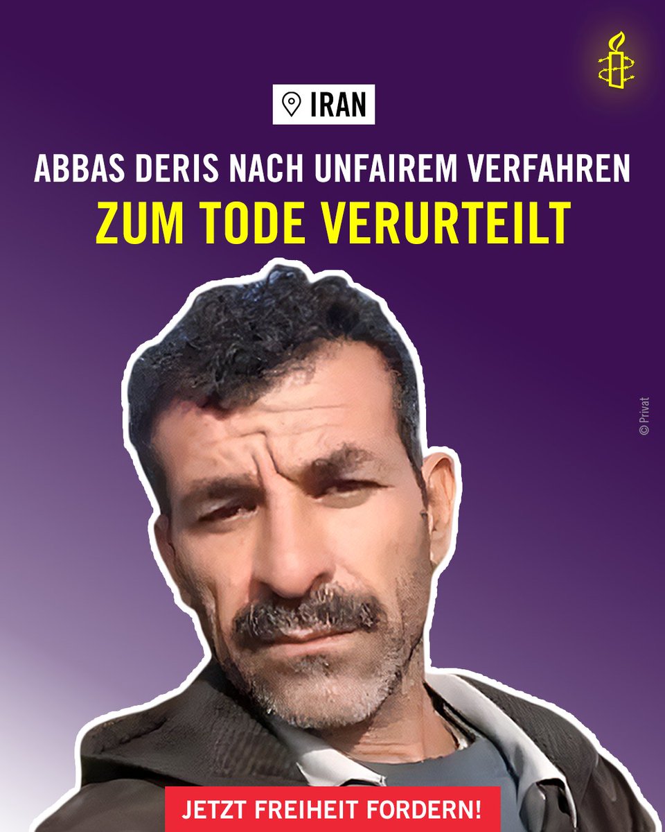 Der Witwer und Familienvater #AbbasDeris ist in großer Gefahr, im #Iran hingerichtet zu werden!

Er wurde aufgrund erzwungener 'Geständnisse' zum Tode verurteilt.

Fordere, dass Todesurteil gegen ihn aufgehoben wird: bit.ly/3tVC5Jz

#womanlifefreedom #enddeathpenalty