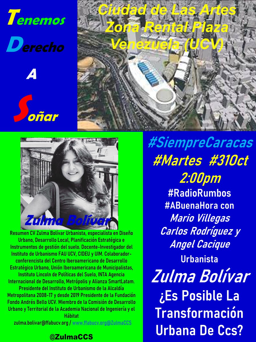 angelcacique's tweet photo. #Martes #31Oct23 #2pm @radiorumbos670 1) #SiempreCaracas, Carlos Rodríguez @EdilcarlosR_Ccs, Angel Cacique en #EnBuenaHora con Mario Villegas @mario_villegas. Zulma Bolívar @ZulmaCCS. Tenemos Derecho a Soñar. Caracas, tiene que volver a ser la Ciudad que queremos y mereceremos https://t.co/dPqd5Jj28w