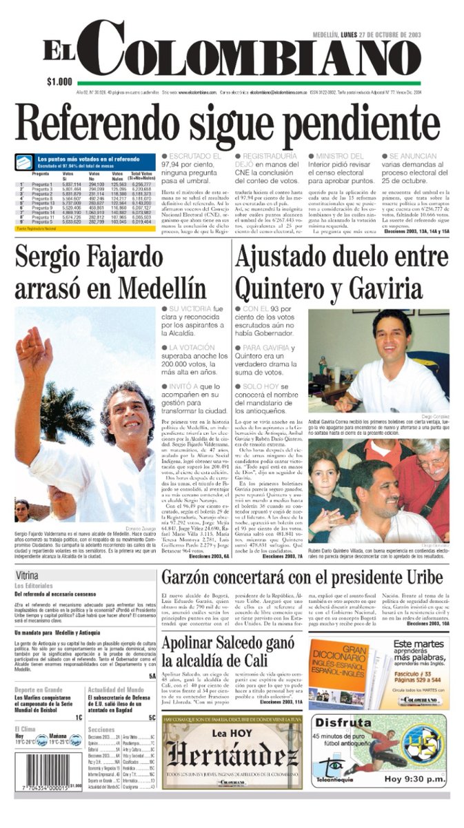 #UnDíaComoHoy hace 20 años, por primera vez en la historia política de Medellín, un independiente ganó la Alcaldía: Sergio Fajardo superó los 200 mil votos ⬇️