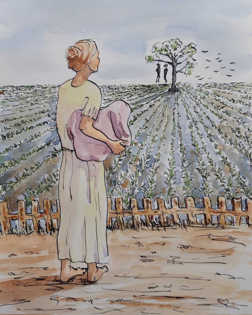 3rd pic for Cormac McCarthy's novel Outer Dark. As Rinthy Holme wanders the country she passes 'rows of new corn putting up handhigh through the gray loam ... If crows had not risen from a field she might never have looked ... to see two hanged men in a tree like gross chimes.'