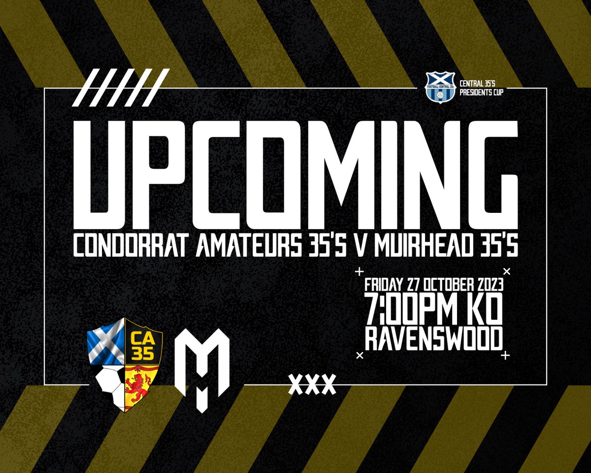 CondorratAFC's tweet photo. 🟡𝟛𝟝𝕤 𝔽𝕀𝕏𝕋𝕌ℝ𝔼⚫️

🆚 @Muirhead35s 

Match tonight in the @centregions35s Presidents Cup for our 35's squad. Looking to keep progressing.

MTR 🚀

🤝 @LaurieRossIns 
🤝 @drewmassey80 
🤝 @ClubCondorrat 
🤝 Kirkie Drycleaners Ltd
🤝 Ken Wok

@GrassrootSocial @scottish_aff @AmmiesFitba