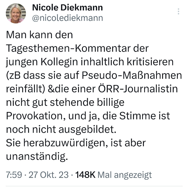 El_Haginho's tweet image. Alles, was man über das überhebliche, selbstgefällige und arrogante Wesen des ÖRR wissen muss!
Vor allem eine Herabwürdigung mit dem Satz enden zu lassen, dass "sie herabzuwürdigen, aber unanständig ist", ist wirklich eine Offenbarung!

Danke Frau #Diekmann 🙏