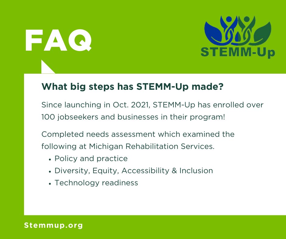 MSUCollegeofEd's tweet photo. Since launching in Oct. 2021, @stemmup has enrolled 100+ jobseekers and businesses in their program! By empowering individuals with disabilities from marginalized communities to secure careers in STEMM, impact across Michigan is immeasurable!

Learn more: https://t.co/L0EBLBifAg https://t.co/tn5MpjUMXM