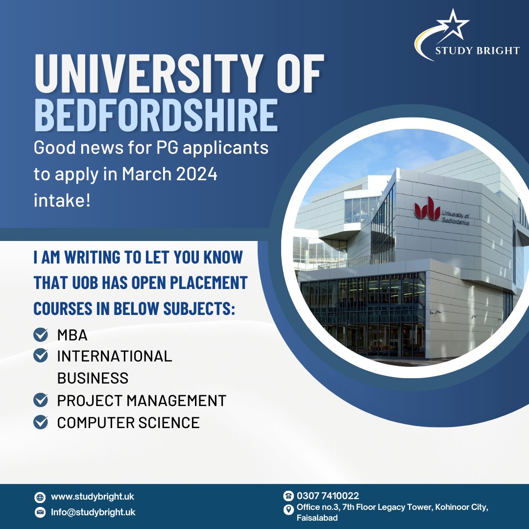 Study_Bright's tweet photo. University of Bedfordshire 
Good news for PG applicants to apply in the March 2024 intake! 

➡️MBA
➡️INTERNATIONAL BUSINESS  
➡️ PROJECT MANAGEMENT 
➡️COMPUTER SCIENCE https://t.co/zVSHvsdCCq