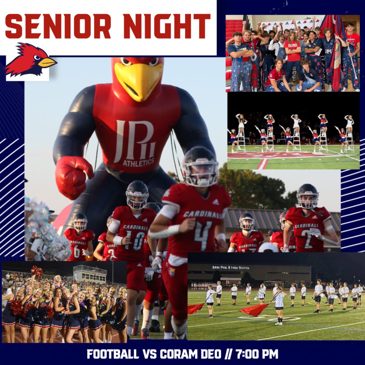 Excited to honor our CARDINAL SENIORS for Band, Belles, Cheer, Football and Spirit Boys! Ceremony begins at 6:20 PM before the 7pm kick-off! <a href="/JPIIHS_FOOTBALL/">JPIIHS Football</a> <a href="/JPII_BELLES/">JPII Cardinal Belles</a> <a href="/JPIIHSBAND/">JPIIHS Band</a> <a href="/JPIICHEER/">John Paul II Cheer</a> @JPIISTUDENTSECTION