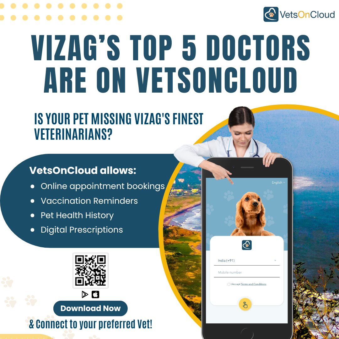 VetsOnCloud's tweet photo. Are you getting reminded by Vizag's best doctors? Stay Ahead of Pet Care with VOC in Vizag! 🐾 Meet our top veterinarians who trust VetsOnCloud for your pet's well-being.
Scan the QR code and download the app today and experience the difference!
#vetsoncloud #vizag #healthypets https://t.co/pE86CnhiBb