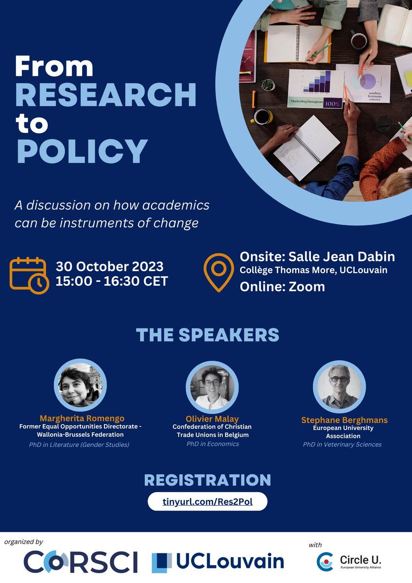 Are you an early career researcher wanting to make an impact on policy?

<a href="/CorsciUCLouvain/">Corps Scientifique UCLouvain</a> and <a href="/CircleU_eu/">Circle U.</a> are hosting a discussion on how academics can be instruments of change!   

When: 30/10/2023 Where: UCLouvain or Online (zoom) 

Register: email denise.munsi@uclouvain.be