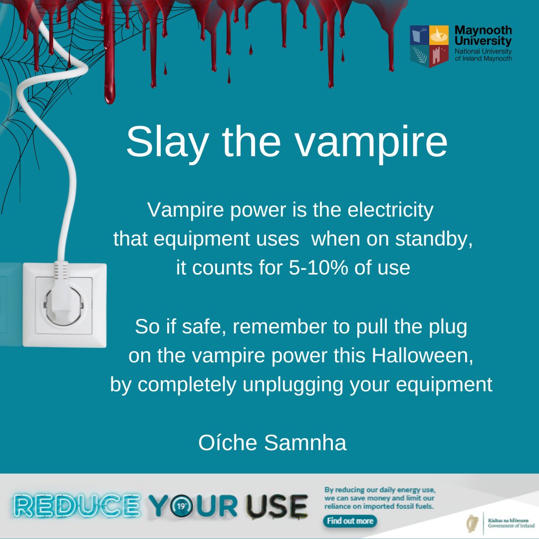 Calling all staff &students at the residences to please #ReduceYourUse by unplugging all electrical equipment (when it is safe) this Halloween break.
We appreciate your cooperation. May you have a restful Halloween break 
#OíchaSamhna
#SustainableMaynooth
#MaynoothUniversity