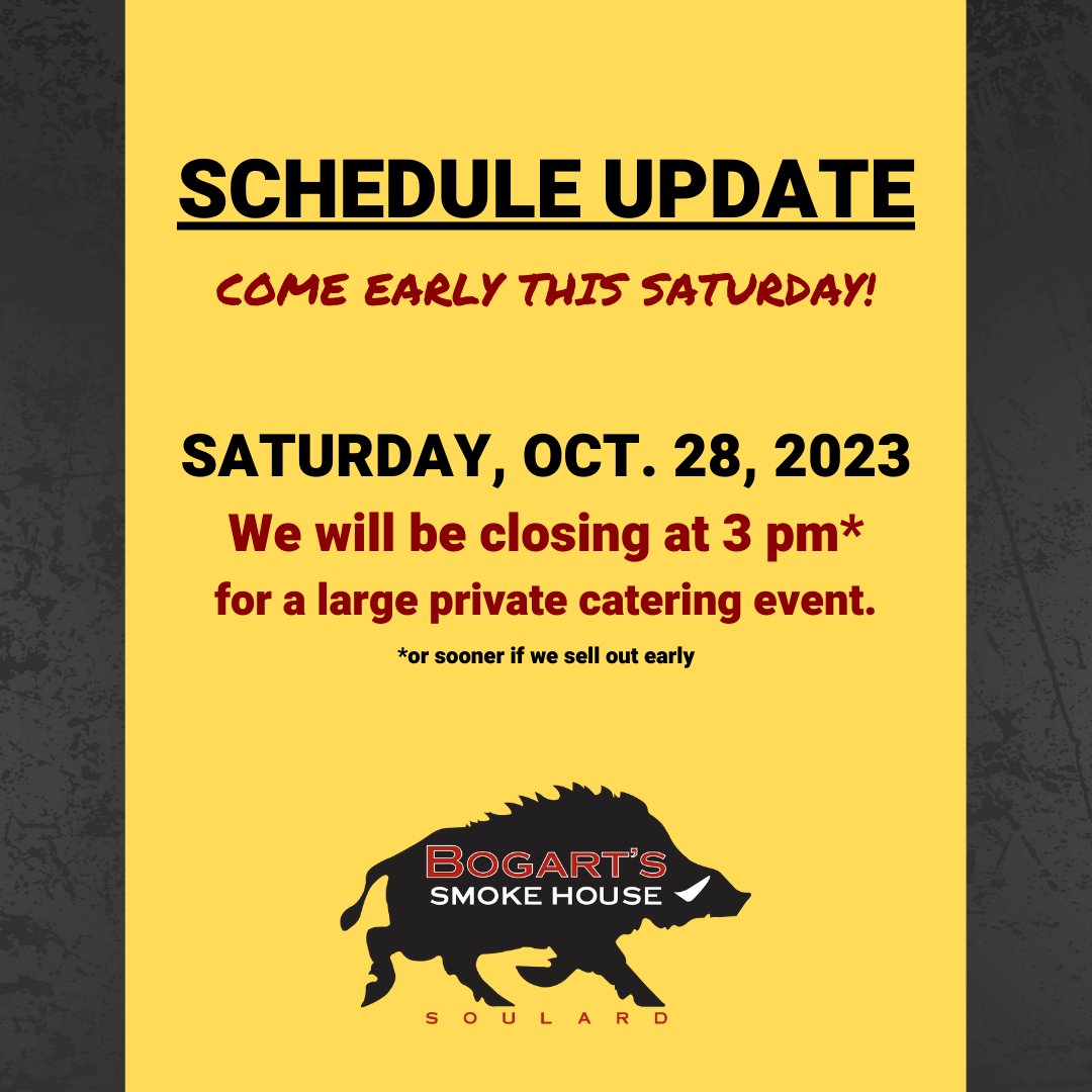 BogartsSTL1's tweet photo. 🚨SCHEDULE UPDATE

Be sure to dine in early and schedule your Bogart's carryout before 3 pm this Saturday! Thank you! 🙏

#bogartssmokehouse #bbq #stlouis #soulard #saturdayhours #dinein #carryout #catering #explorestlouis #eatlocal https://t.co/uc3KR6T2gl