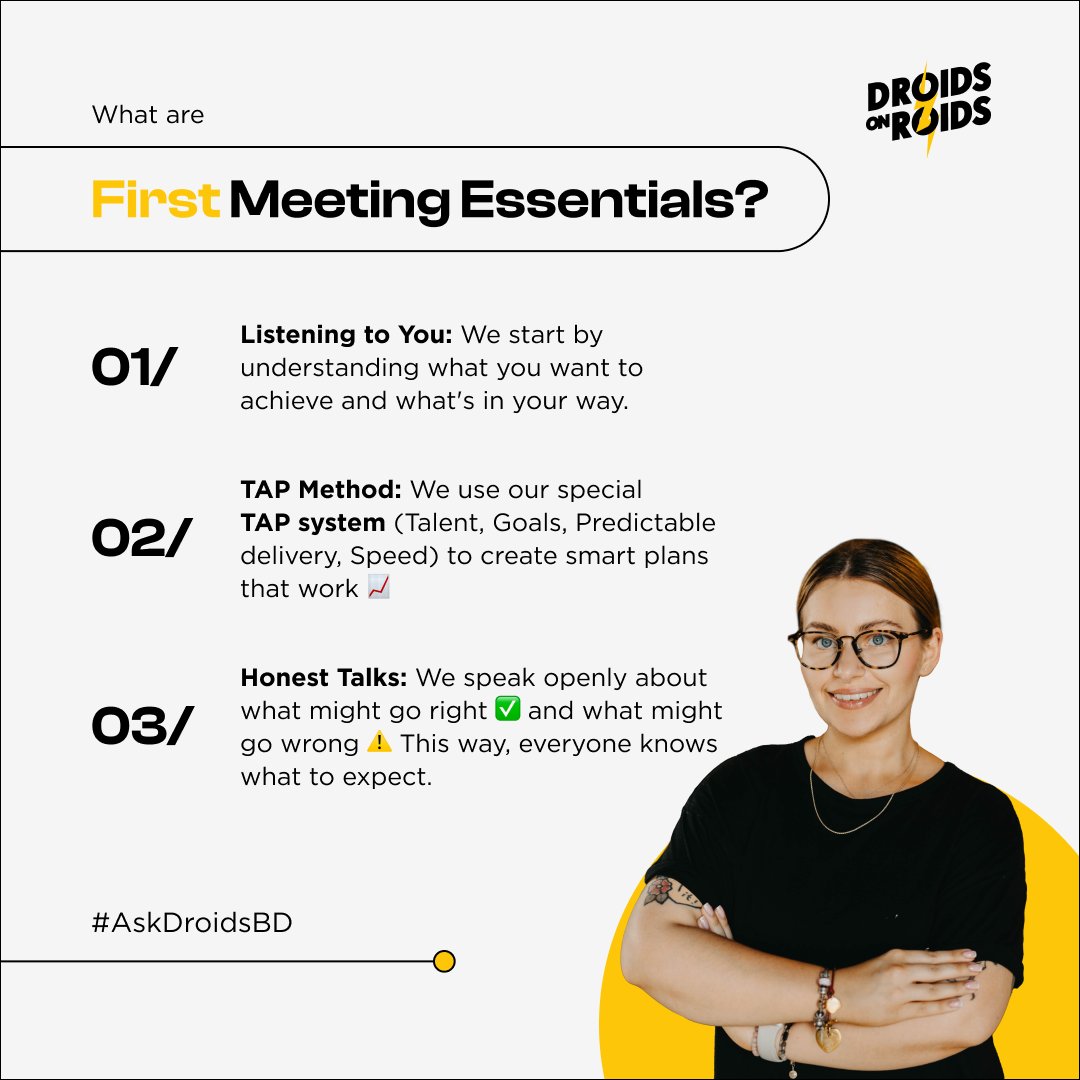 droidsonroids's tweet image. 🚀 Dive into the thrill of first client meetings with our series featuring Business Developer Aga Orłowska! 
Stay tuned - your story could be next! #BusinessGrowth #DroidsOnRoids #FlutterAppDevelopment #MobileAppDevelopment  #AskDroidsBD