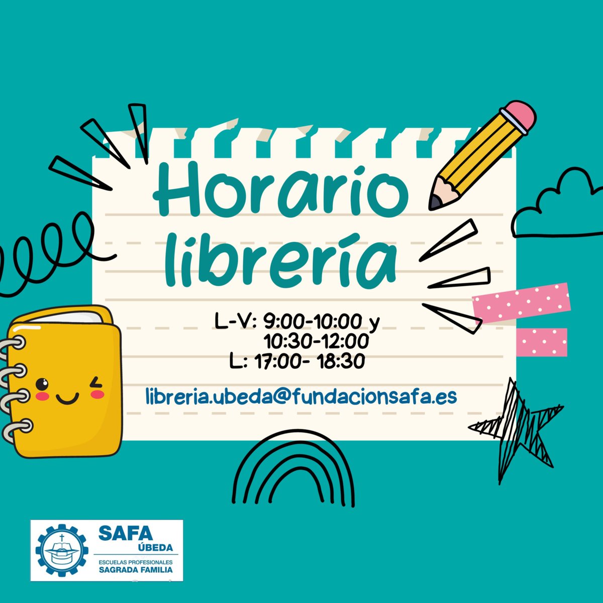 ¡Importante aviso! 📢 Muestra papelería-librería de Safa Úbeda tiene un nuevo horario  de atención al público. ¡Ven a visitarnos y encuentra todo lo que necesitas para el cole! 📚📝✏️ 
#yoensafaubeda #papeleríasafaubeda