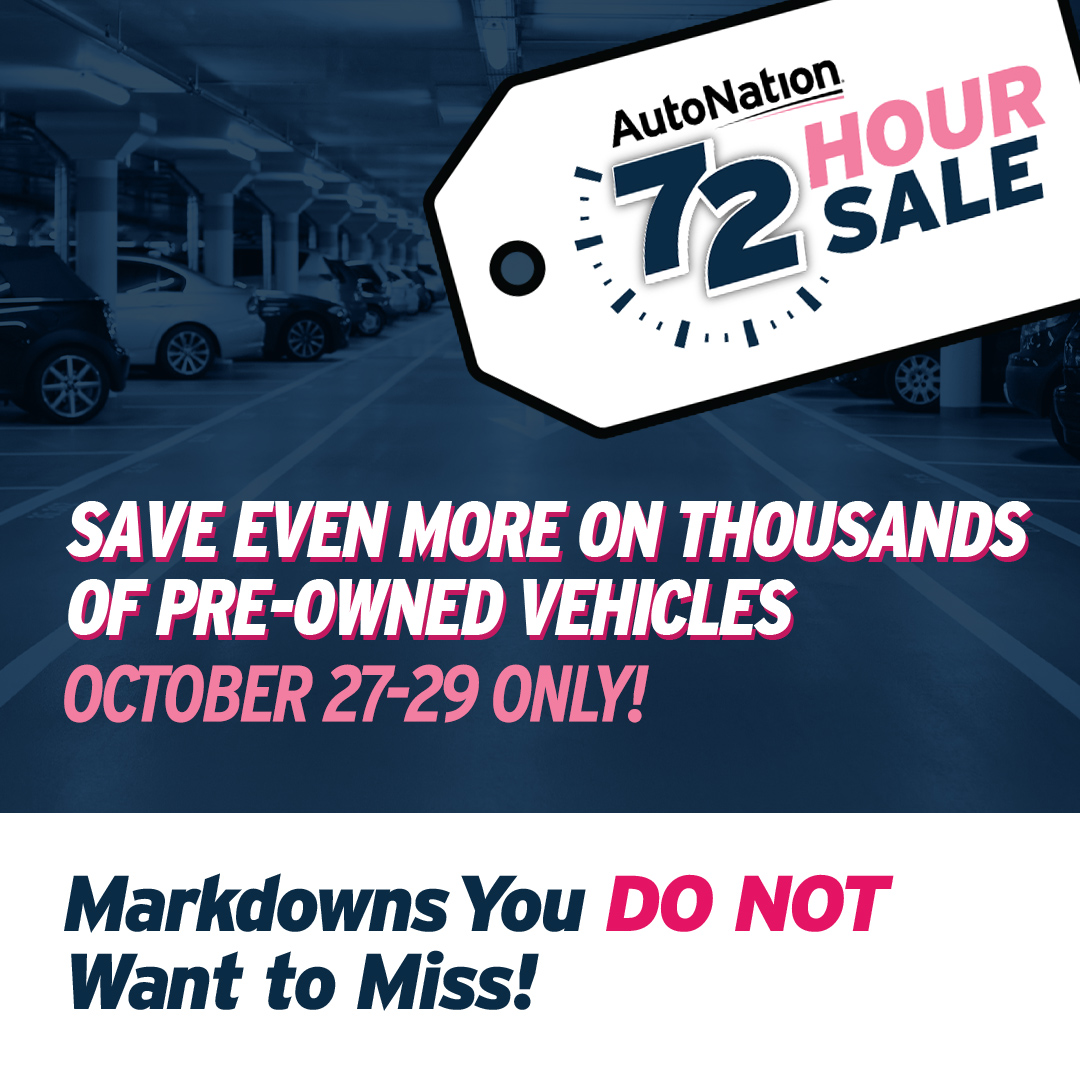 For a limited time, save on a great selection of thousands of pre-owned vehicles from October 27-29 during our 72 Hour Sale! ⏳ You won't want to miss this! 🚗 👉 ms.spr.ly/AutoNation #DRVPNK #UsedCars