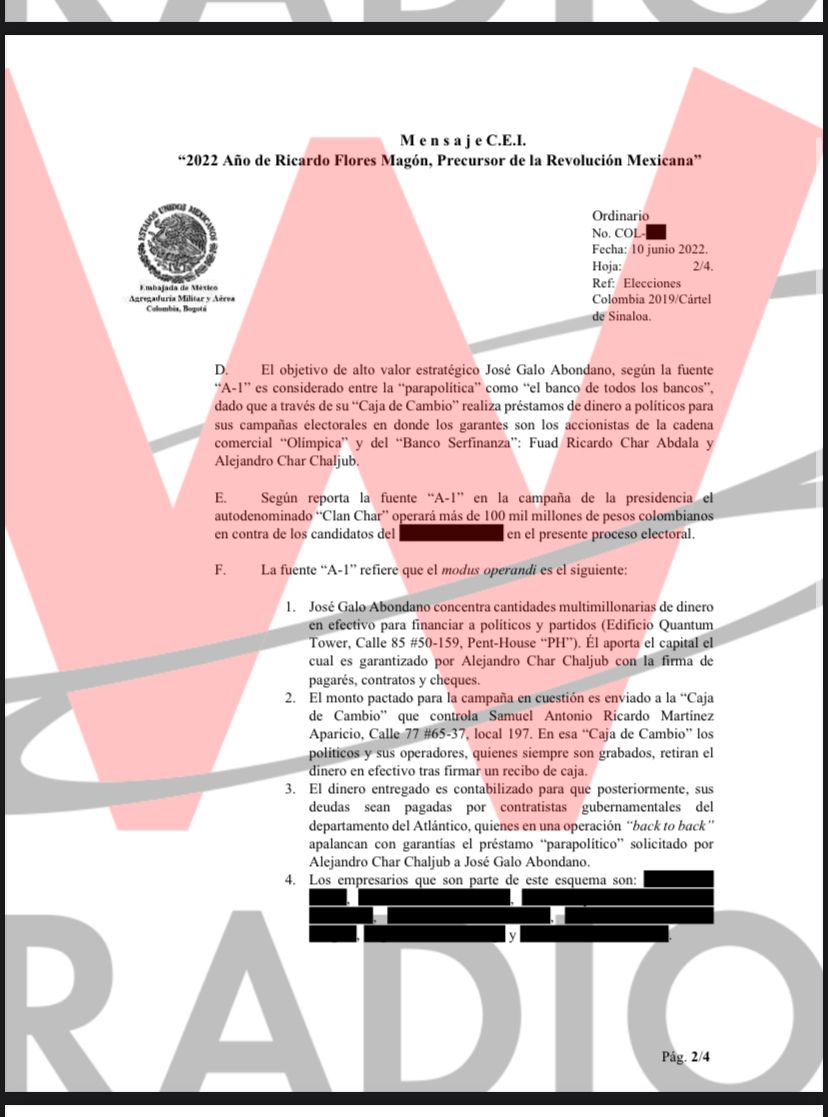 JuanPabloCalvas's tweet photo. A esta hora en @WRadioColombia 

El documento de inteligencia Mexicana que vincularía a los Char con el Cartel de Sinaloa...

"Según reporta la fuente “A-1” en la campaña de la presidencia el autodenominado “Clan Char” operará más de 100 mil millones de pesos colombianos..." https://t.co/2gQs1hBYLH