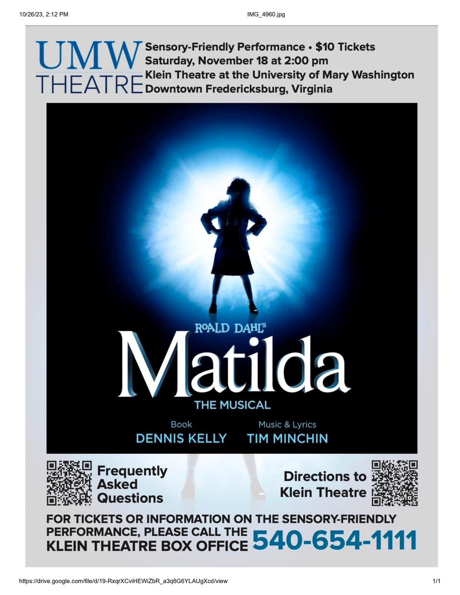 Attention MVHS Community!!!!! There will be a Sensory-Friendly Performance of "Matilda The Musical" on Saturday, November 18th at 2pm at the Klein Theatre at the University of Mary Washington. Tickets are $10. More information about the performance is on the attached flyer.
