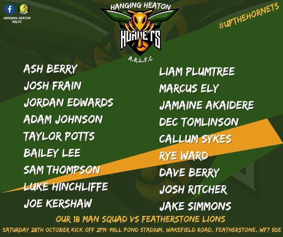 We’re back in action this weekend <a href="/LionsArlfc/">Featherstone Lions ARLFC</a> 💥🔰🐝 

BARLA YORKSHIRE CUP 1ST ROUND 🏆        

MILLPOND STADIUM 📍
WAKEFIELD ROAD
FEATHERSTONE
WF7 5DE 
2PM KO ⏰

#upthehornets