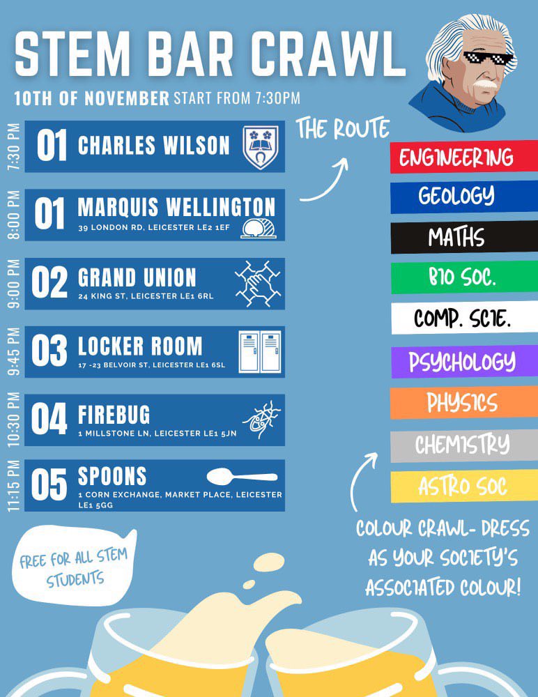uolcompsoc's tweet photo. Join us for our joint STEM bar crawl on Friday the 10th of November!

We'll kick things off by meeting outside Charles Wilson at 7:30, or you can join us directly at our starting bar, Marquis Wellington at 8. 

Don't forget to wear white, as it's our colour! https://t.co/Z0bXvZFfZi