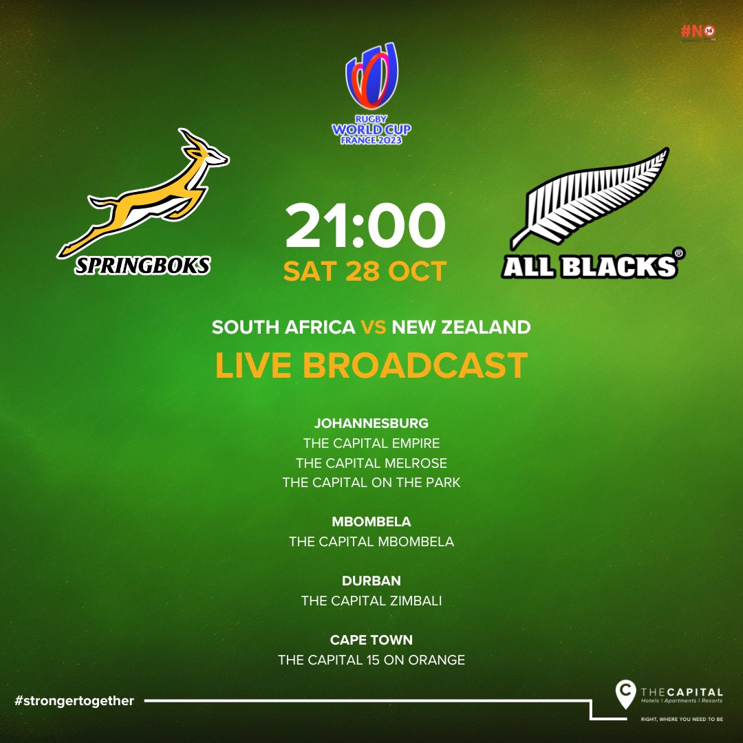 TheCapitalHotelsSA (@thecapital_sa) on Twitter photo Don't miss <a href="/Springboks/">Springboks</a> vs. <a href="/AllBlacks/">All Blacks</a> in the <a href="/rugby/">Rugby</a> final this Saturday 28th October at 9pm 🇿🇦🇳🇿
Live streaming at a selected Capital near you, including Seven Villa Hotel & Spa 🏉
For more info, contact your chosen spot.
#gobokke #strongertogether #RWCFinal Don't miss <a href="/Springboks/">Springboks</a> vs. <a href="/AllBlacks/">All Blacks</a> in the <a href="/rugby/">Rugby</a> final this Saturday 28th October at 9pm 🇿🇦🇳🇿
Live streaming at a selected Capital near you, including Seven Villa Hotel & Spa 🏉
For more info, contact your chosen spot.
#gobokke #strongertogether #RWCFinal