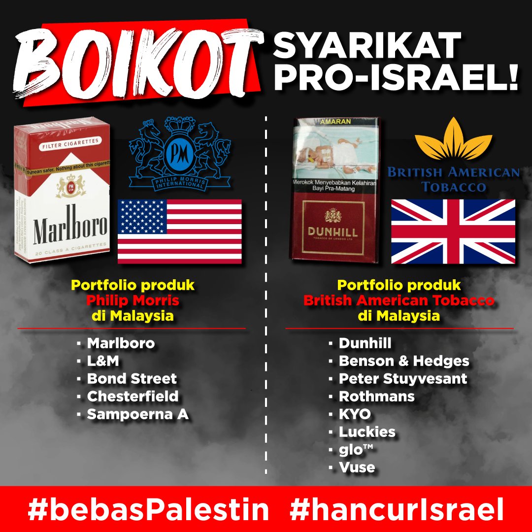 FaktaBukanAuta's tweet photo. Tahukah anda kalau nak boikot produk Israel, yang ni patut jadi list utama.

Tapi perokok kata kami dah lama boikot. 

Lepas beli kami bakar, lepas tu kami pijak.

Ahhh sudah..

Support Smoking Bill!

Support RUU Generasi Penamat Rokok! https://t.co/objYbAeQou