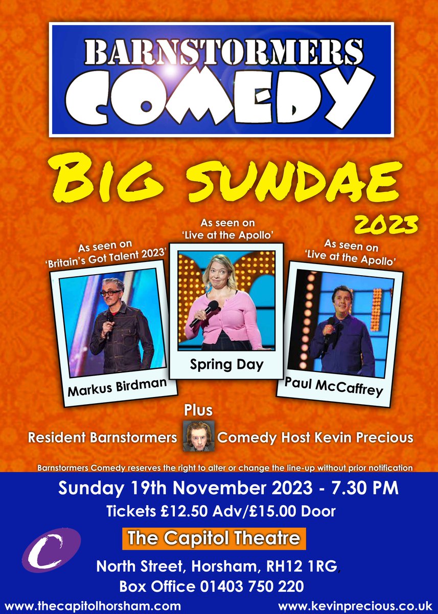 Barnstormers #Comedy Big Sundae Sun 19th November @CapitolHorsham ft @markusbirdman @springdaycomedy @paulmccaffreys Tickets: thecapitolhorsham.com/whats-on/all-s… @AndromedaTalent