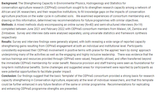 Bentje Brauns (@bentjebrauns) on Twitter photo The latest publication on the CEPHaS project is out - looking into the capacity-building aspect of the project.
The full article can be accessed under f1000research.com/articles/12-11….
<a href="/CEPHaS_Soil/">CEPHaS-Soil, Water and Conservation Agriculture</a>; <a href="/BGSGroundwater/">BGSGroundwater</a>; <a href="/BritGeoGlobal/">BGS Global Geoscience</a> The latest publication on the CEPHaS project is out - looking into the capacity-building aspect of the project.
The full article can be accessed under f1000research.com/articles/12-11….
<a href="/CEPHaS_Soil/">CEPHaS-Soil, Water and Conservation Agriculture</a>; <a href="/BGSGroundwater/">BGSGroundwater</a>; <a href="/BritGeoGlobal/">BGS Global Geoscience</a>