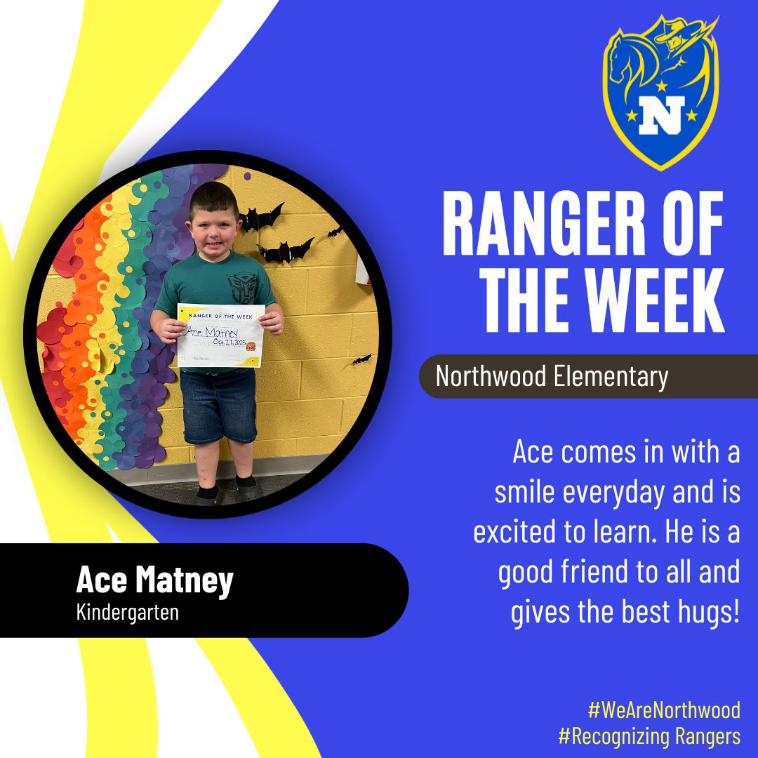 RangerRoundup's tweet photo. Congratulations to our NES "Ranger of the Week," Kindergartner Ace Matney! #WeAreNorthwood #RecognizingRangers https://t.co/tpSJ6w1ofR