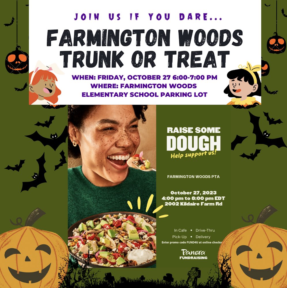 Come Trunk or Treat with us tonight, and then head over to Panera to grab some dinner and support FWES!
￼