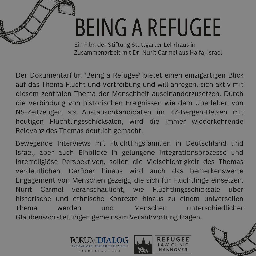 ForumDialogNI's tweet photo. Gemeinsam mit dem Refugee Law Clinic Hannover werden wir gemeinsam den Film: Being a Refugee schauen und gemeinsam über Vertreibung, Flucht und interkulturelle Verständigung sprechen. Noch gibt es freie Plätze. Anmeldung: niedersachsen@forumdialog.org
#Film #Flucht #Refugee https://t.co/iB8hzXRAVm