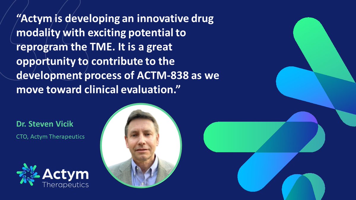 ActymT's tweet photo. A warm, official welcome from the Actym team to Dr. Steve Vicik as our new CTO! With 25+ years of experience in #pharma &amp; supply chain development, he will lead our tech strategy &amp; advance our #STACT platform, as it aims to reprogram the #TME. Learn more: https://t.co/Loc17itnon https://t.co/TwJGIXo08W