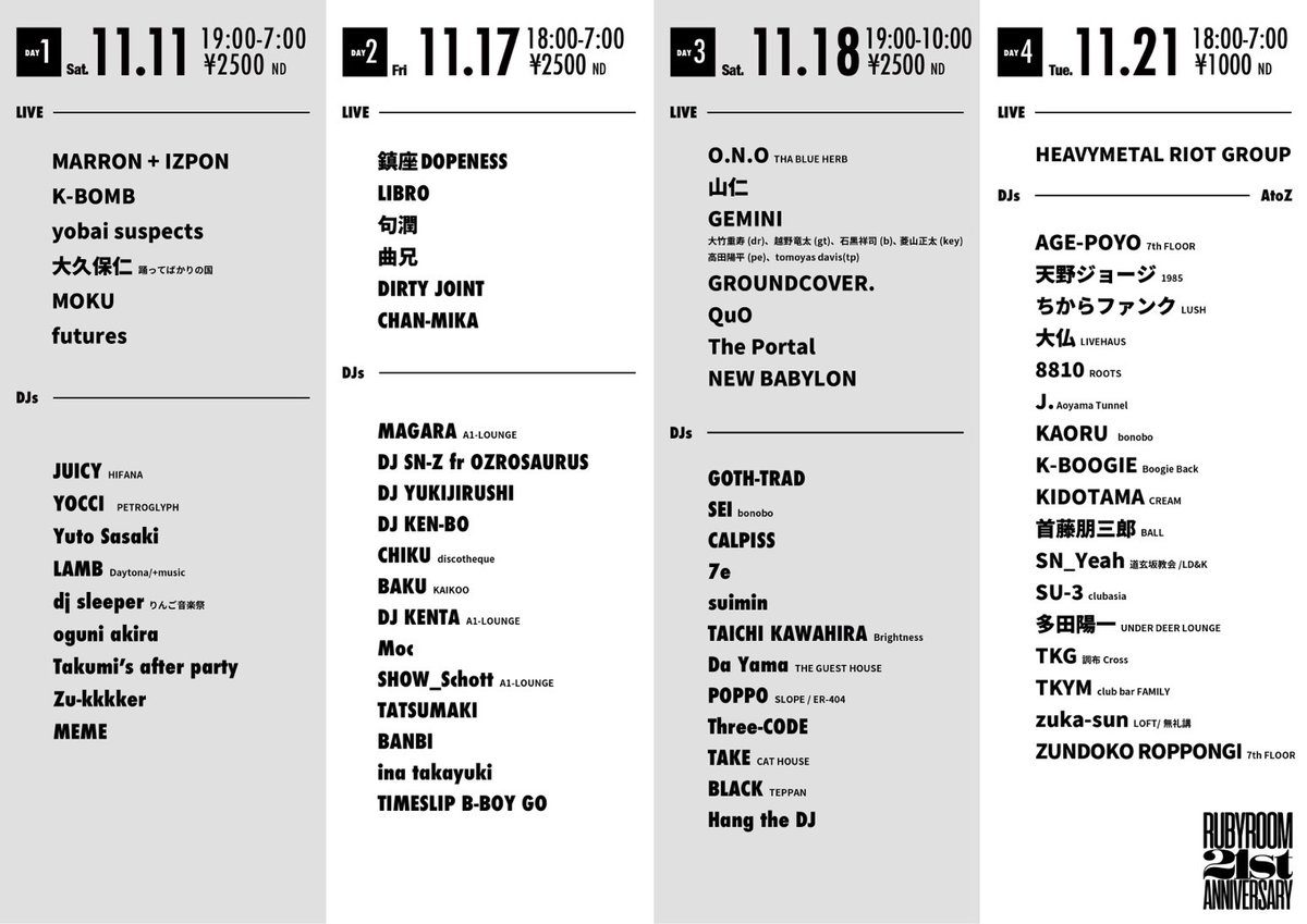 RUBYROOMshibuya's tweet photo. THE RUBYROOM21st ANNIVERSARY- 

11月11日(土)17(金)18(土) 21日(火)
4日間に渡り開催するRUBYROOM21周年のLINE UP
本日発表となりました！！！ https://t.co/0ASFByAeui