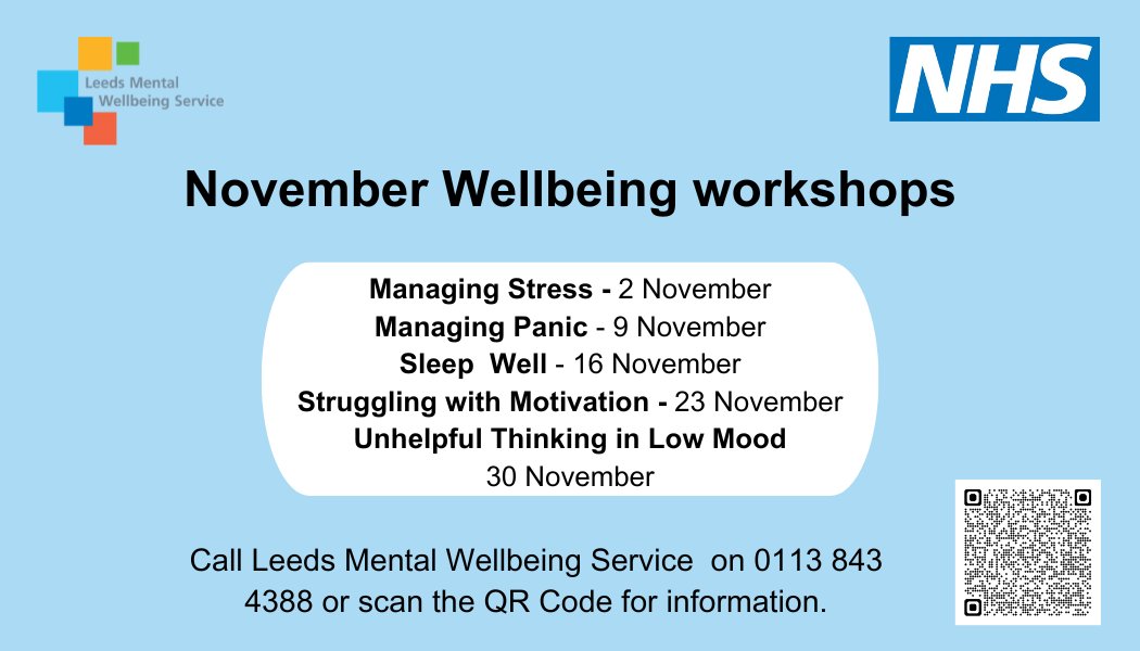 Here are some helpful wellbeing workshops for the month of November. With #InternationalStressAwarenessWeek in the first week of November and #Movember dedicated to the wellbeing of men, why not join our free workshops from your front living room? 
#Wellbeing #MenMentalHealth