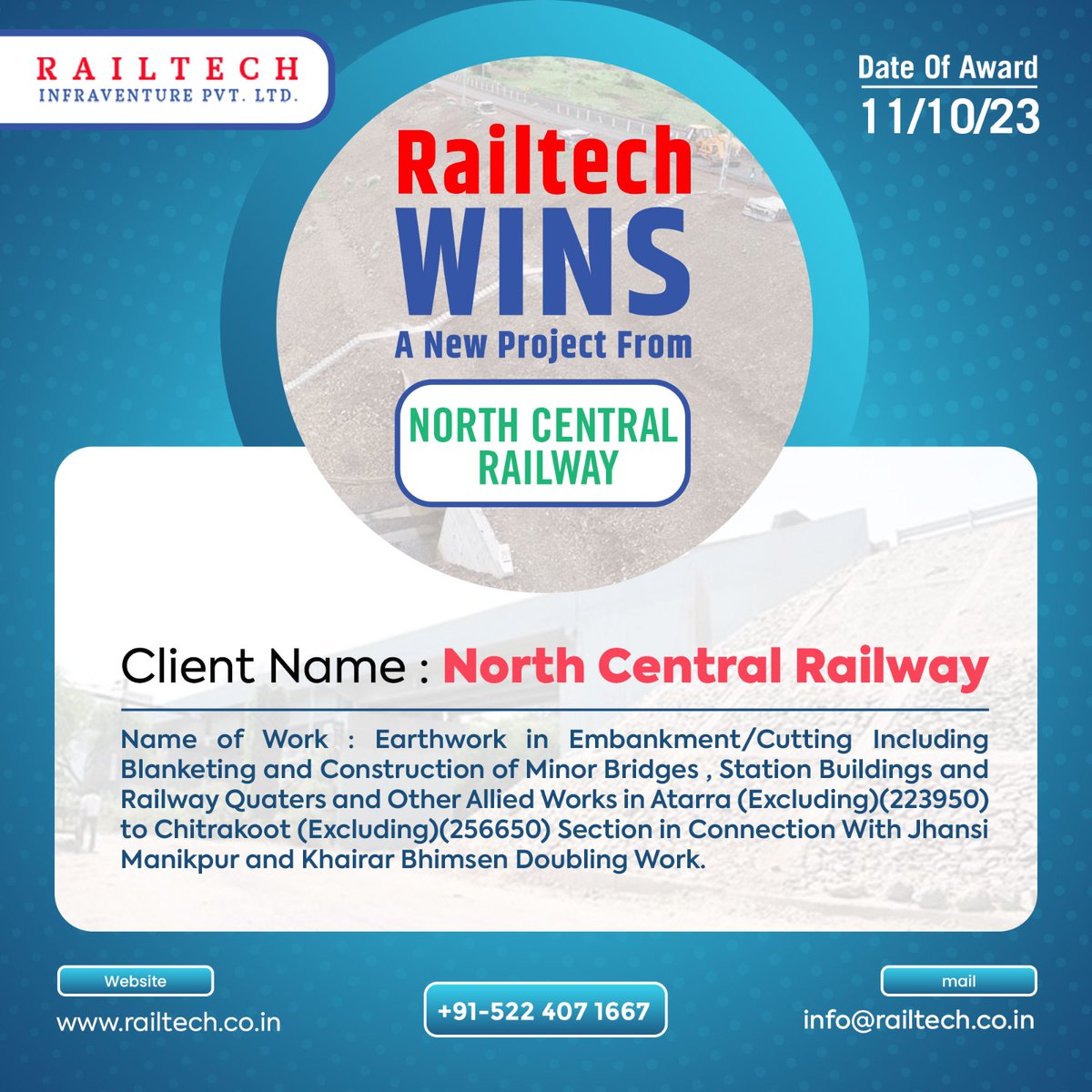 RIPL_Official's tweet photo. "Railtech Wins A New Project From NORTH CENTRAL RAILWAY
#northcentralrailway #ripl #railtech #railtechinfraventurepvtltd #earthwork #embankment https://t.co/zBbAhrPlMa