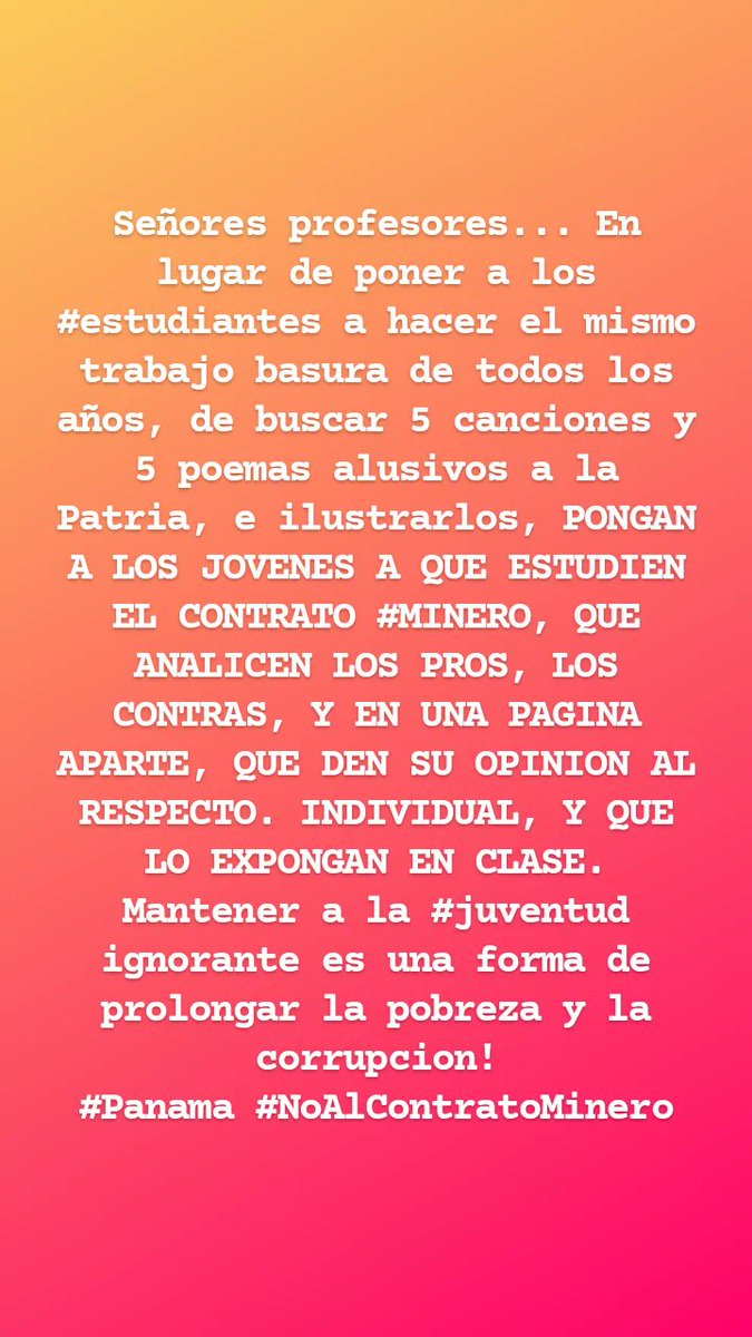 #NoAlContratoMinero #PanamaNoseVende #PanamaValeMasSinMineria <a href="/SuntracsPanama/">Suntracs Panama ⚒</a> <a href="/MeducaPma/">Ministerio de Educación de Panamá</a>