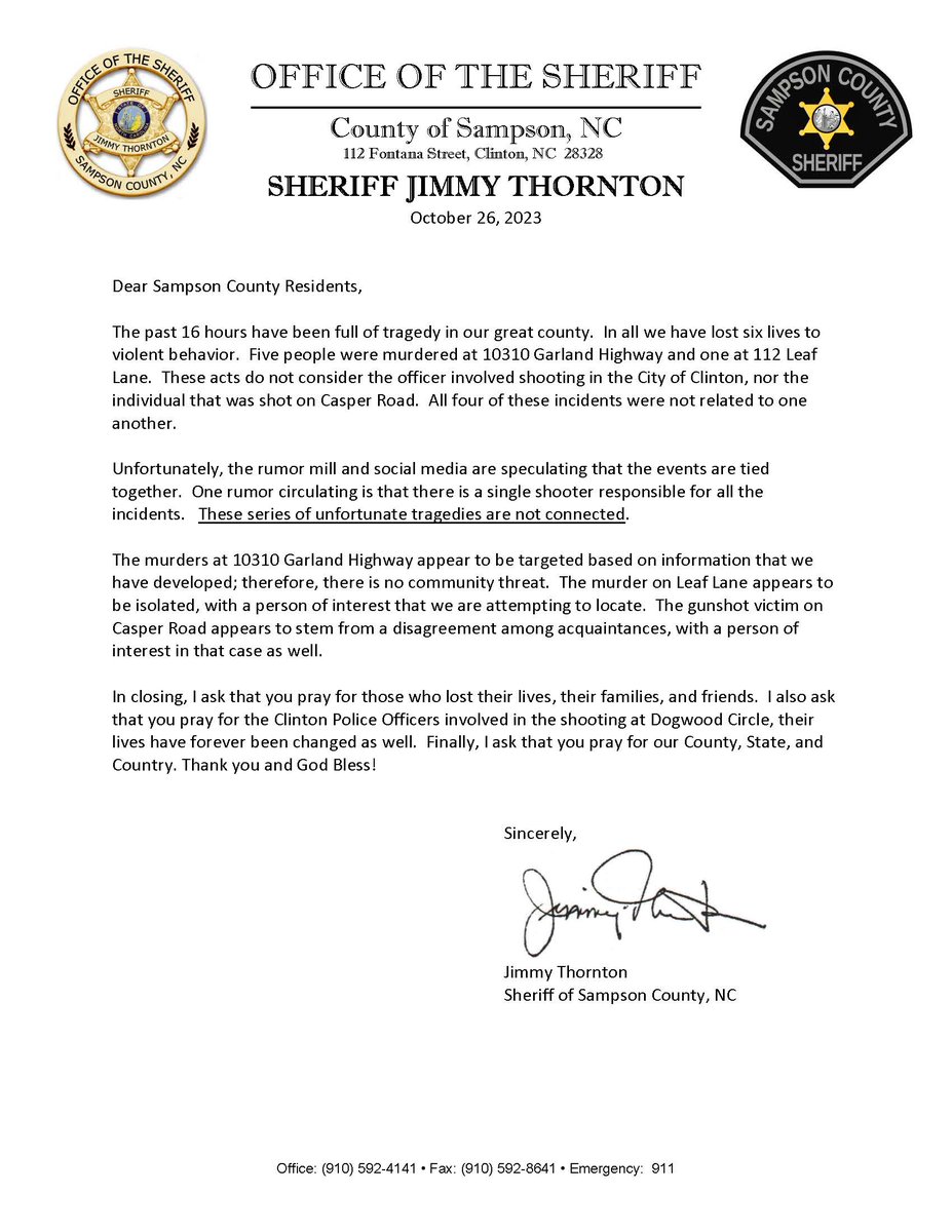 CountyofSampson's tweet image. Please read the letter concerning the tragic events that the Sampson County Sheriff's Office responded to on October 26th. #SampsonCountyNC #sheriffsoffice