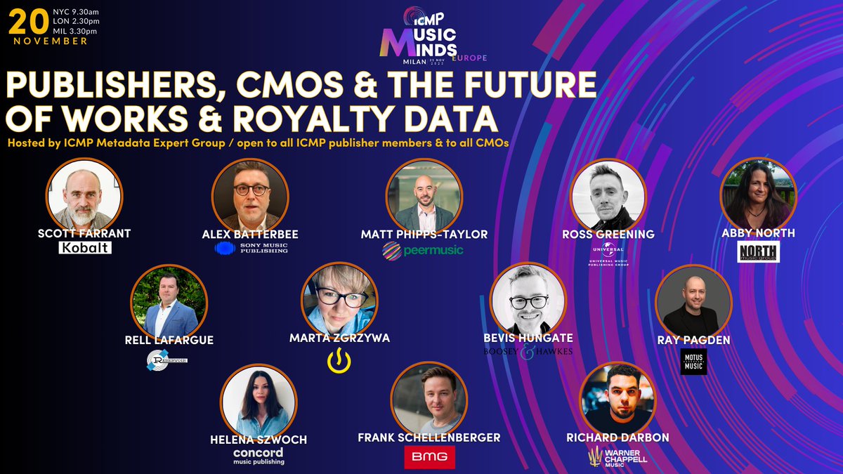 _ICMP's tweet photo. ICMP's #MusicMinds Europe conference, will be preceded by several ICMP international expert group meetings.
The #Metadata Expert Group will be hybrid, open to CMOs &amp; publishers &amp; will discuss the latest developments the industry is working on.

🎟️ https://t.co/49CXFEiTxa

🎵🌍 https://t.co/zrnCWcapjw