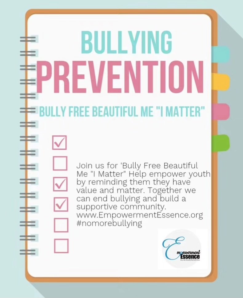 Bully Free Beautiful Me "I Matter"    
10.28 ... 11AM                             bit.ly/BFBM2023 

Our community plays a crucial role in ending bullying. Let's come together at 'Bully Free Beautiful Me I Matter' to empower and uplift our youth.
EmpowermentEssence.org